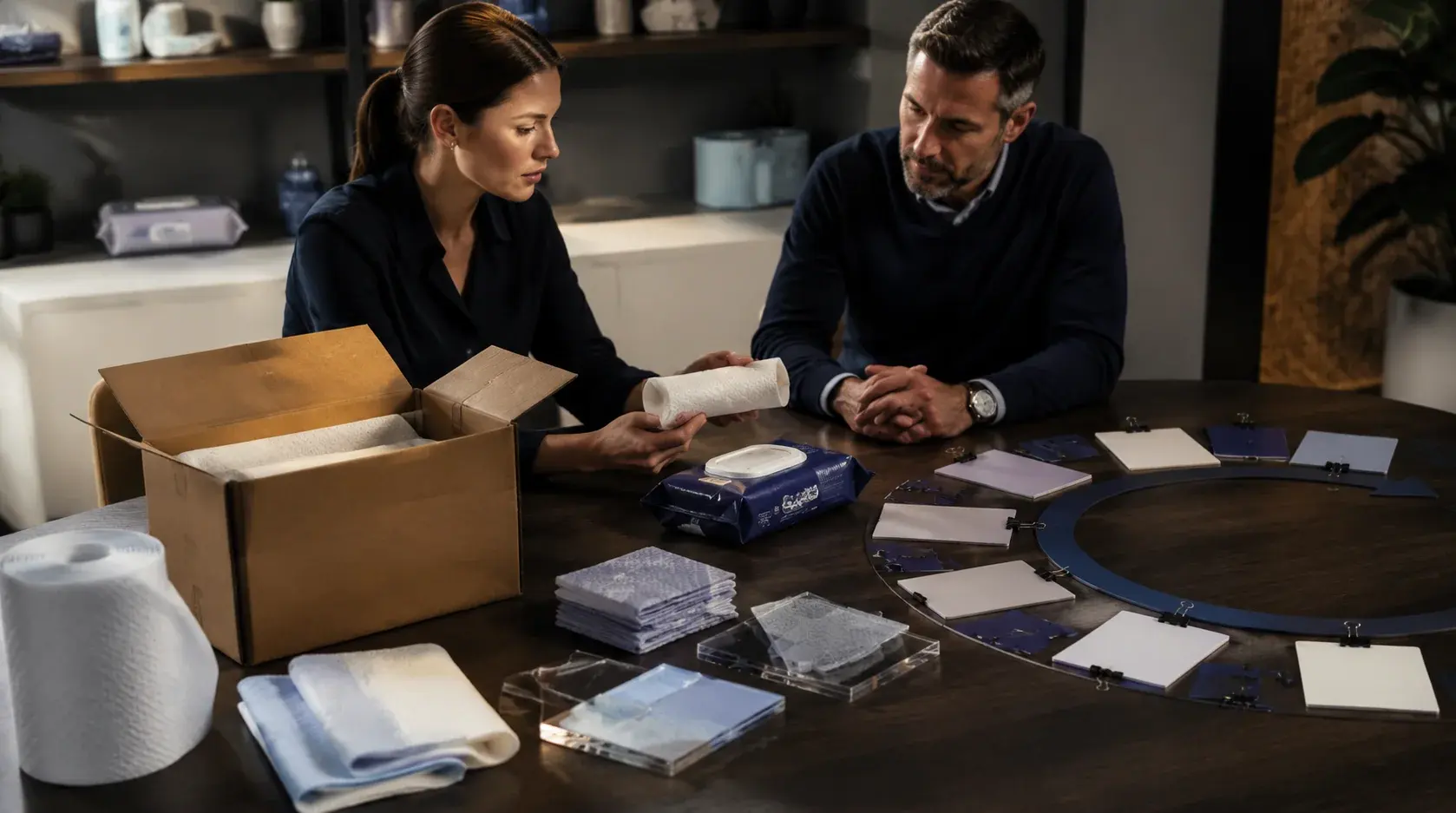 Two professionals reviewing product samples beside a circular feedback board