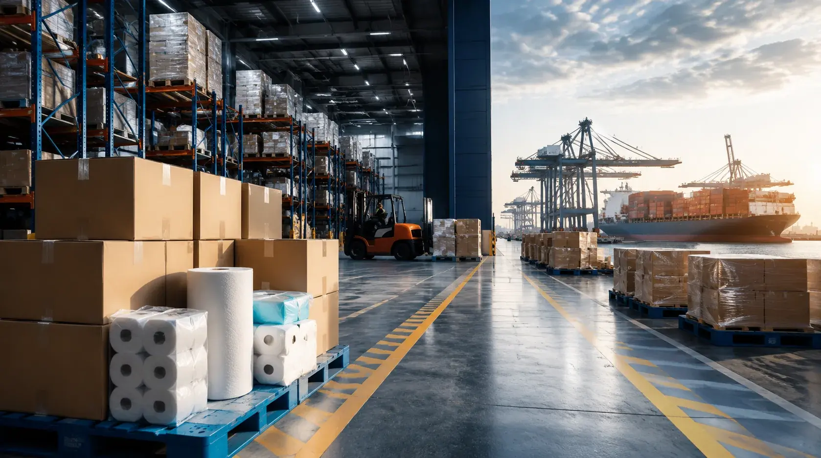 Warehouse, loading route and port connected in one logistics scene