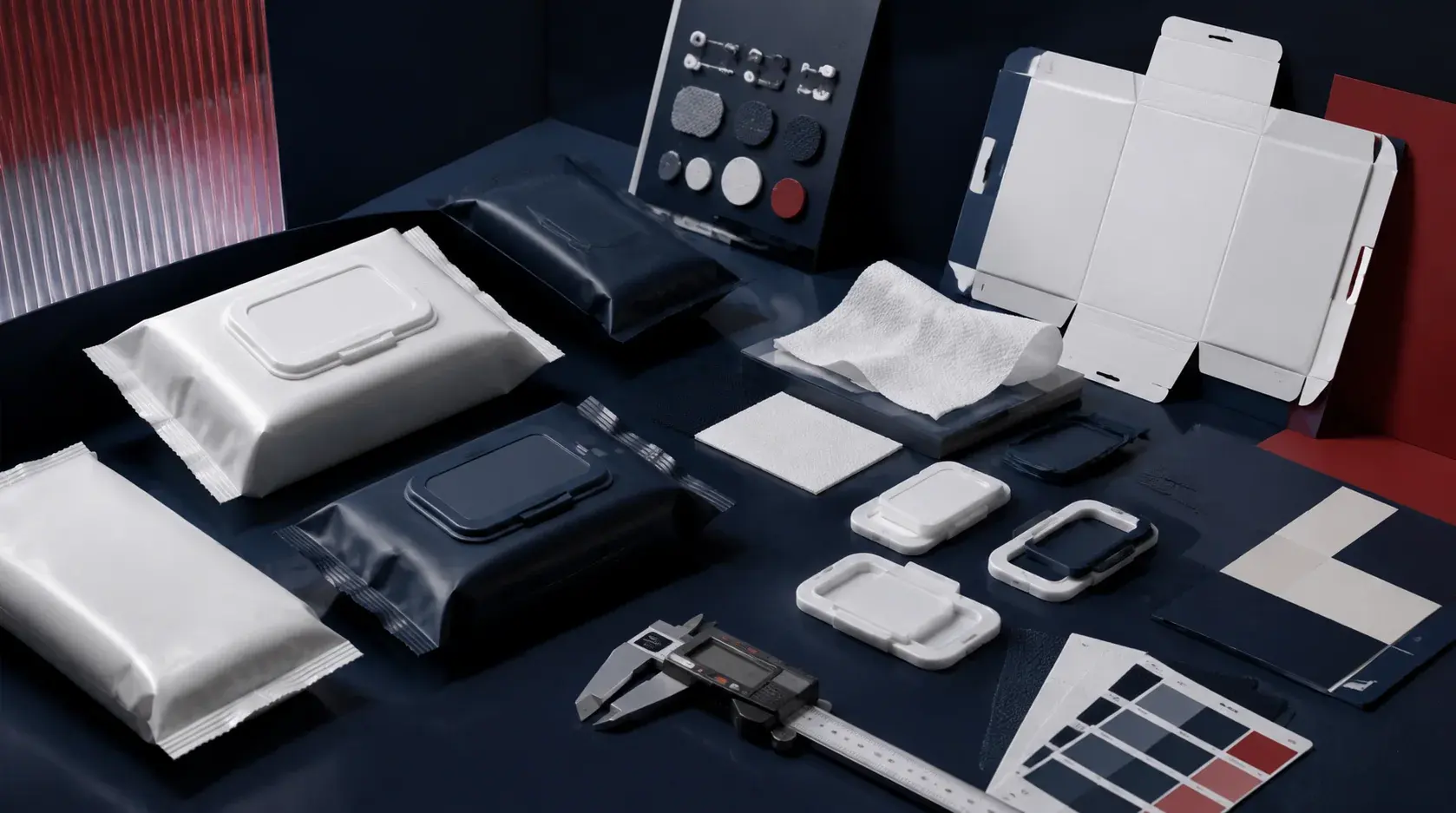 Packaging structures, closures, color swatches and measuring tools in a dieline studio