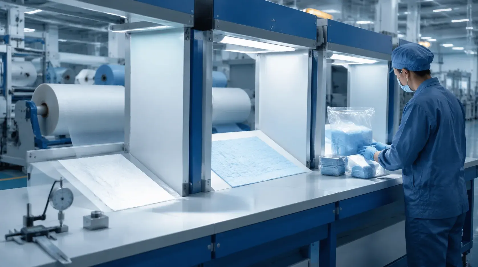 Production line with material, illuminated surface and packed-product inspection stations