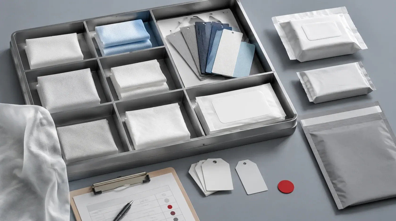 A compartmentalized sample tray with texture, format and packaging options for approval