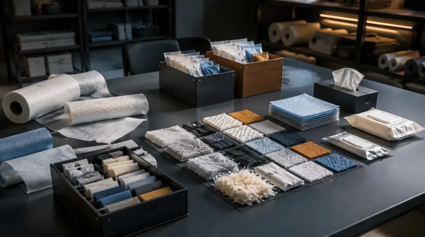 Material rolls, texture swatches and candidate samples arranged for sourcing comparison