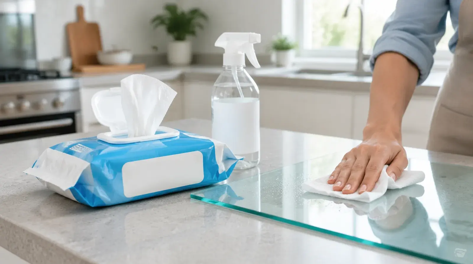 Hand wiping a kitchen worktop beside a demo soft-pack wipe product