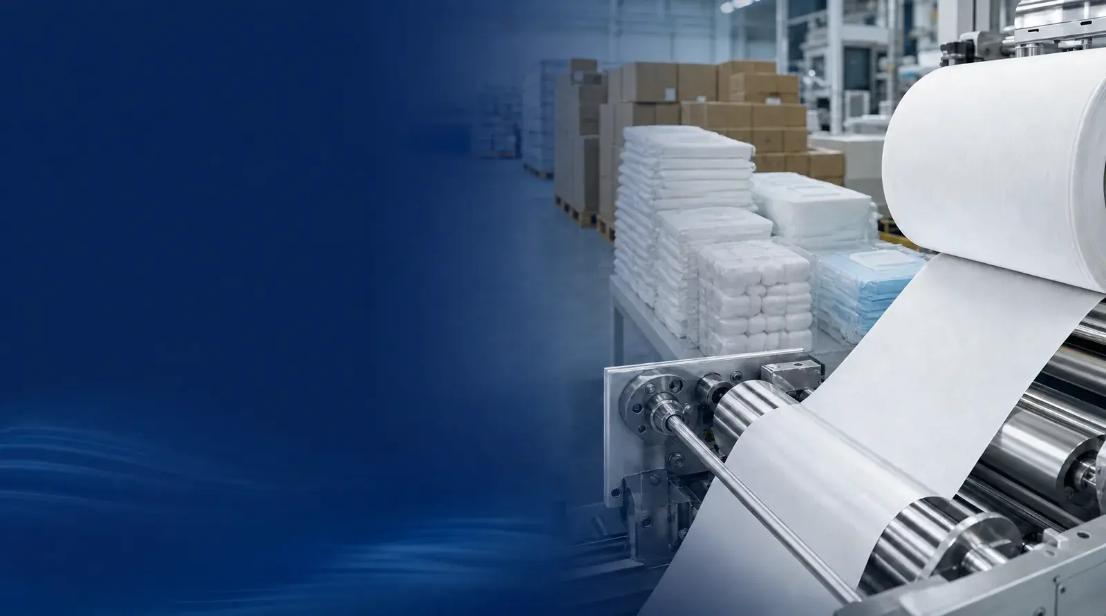 Illustrative non-woven roll material moving through a converting line