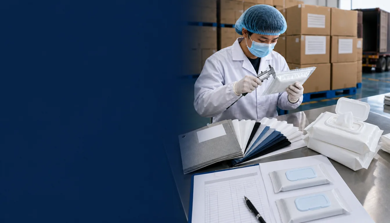 Illustrative outgoing inspection of finished wet-wipe packs with measurement tools and records