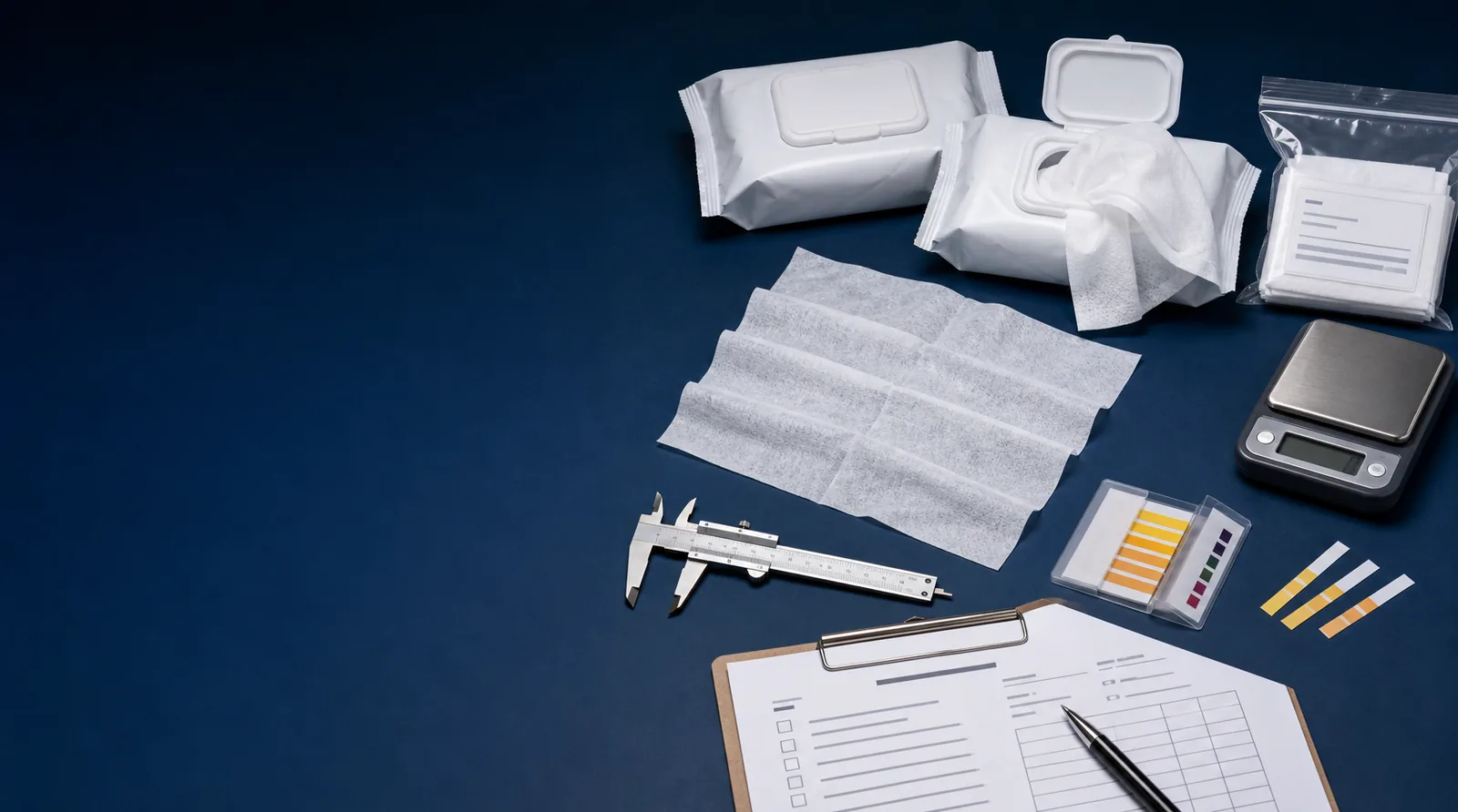 Illustrative wet-wipe samples, packaging and measurement tools arranged for a product specification review